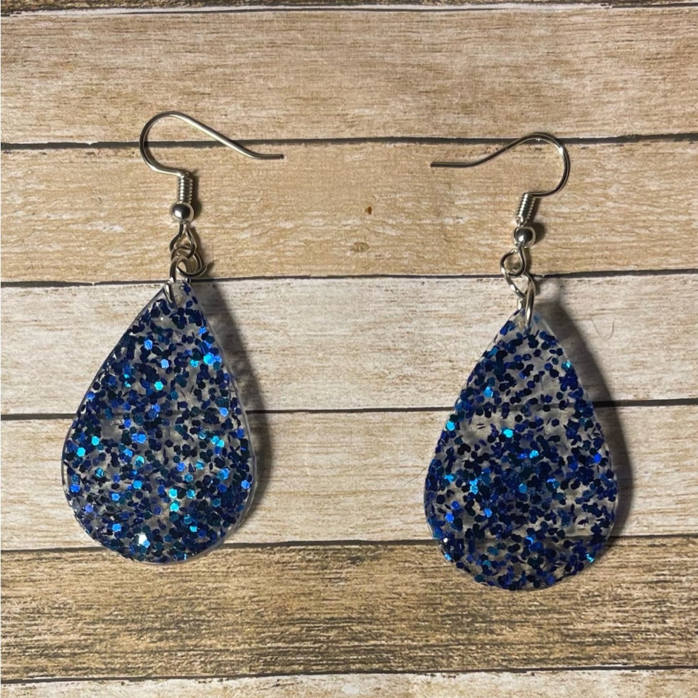 Blue glitter resin teardrop earrings